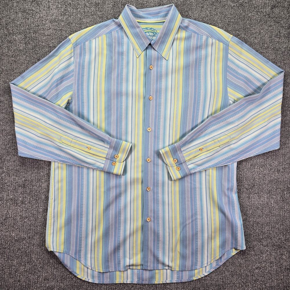 Tommy Bahama Shirt Mens Medium Blue Multi Striped 100% Silk Long Sleeve Casual